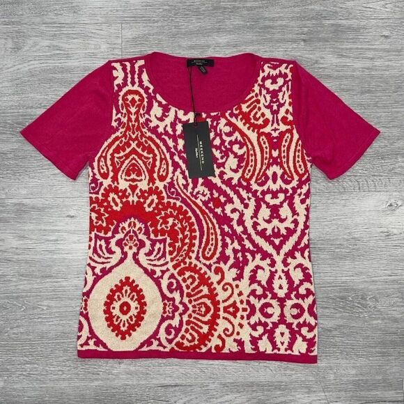 Weekend Max Mara Women Large Fuchsia Cashmere Print Sweater Silk Blend Shirt New - Picture 1 of 12